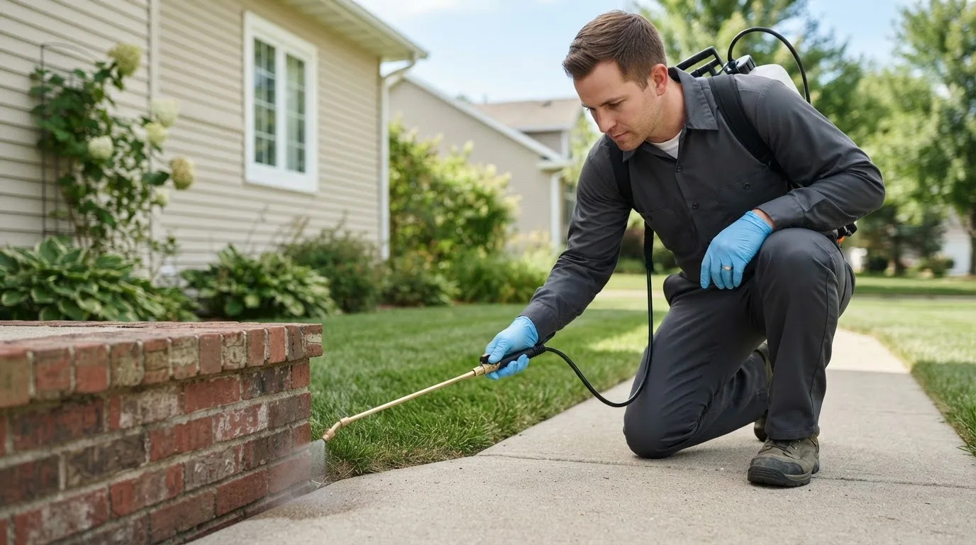 Pest control technician treating a home near Delano, CA